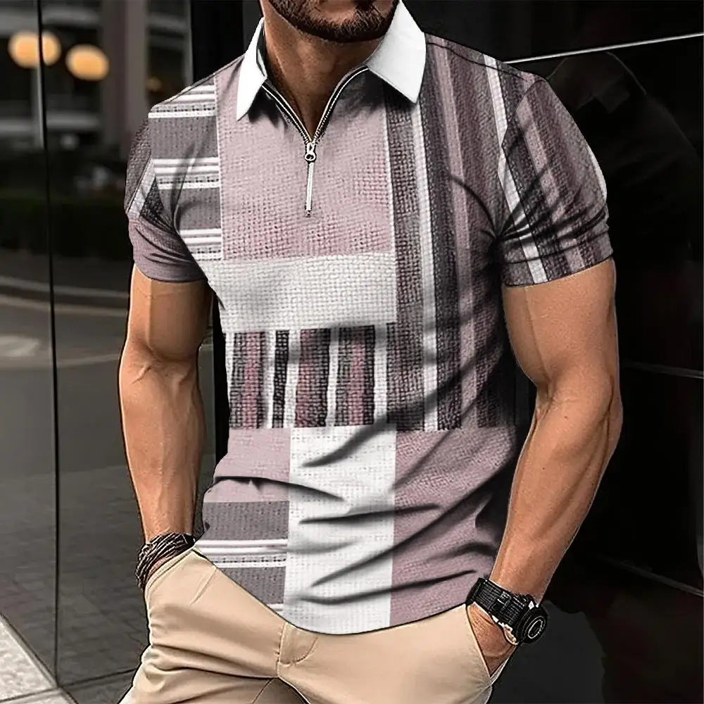 Men's Retro Fashion Plaid  Zipper Lapel Short Sleeve - Fastbizstore