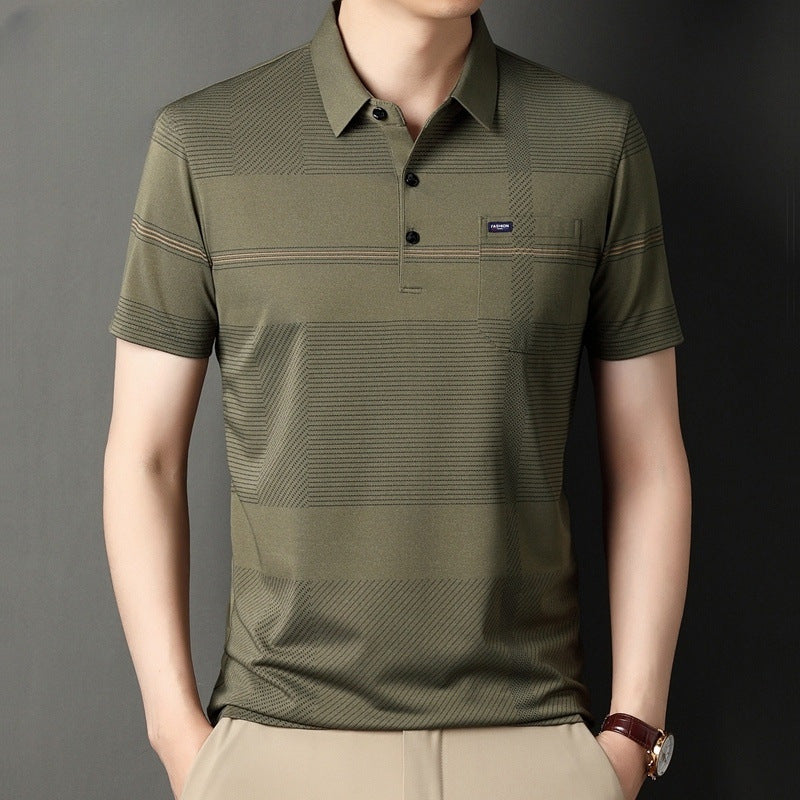 Stripe Belt Lapel Short Sleeve Polo Shirt - Fastbizstore