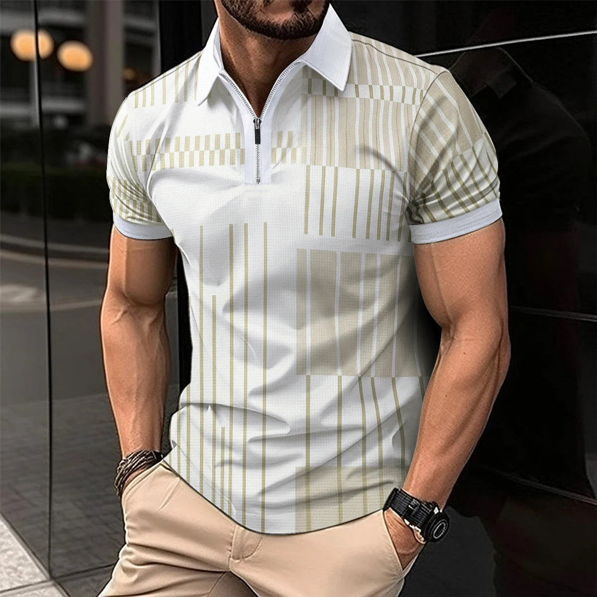 Men's Retro Fashion Plaid  Zipper Lapel Short Sleeve - Fastbizstore