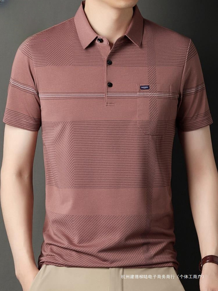 Stripe Belt Lapel Short Sleeve Polo Shirt - Fastbizstore