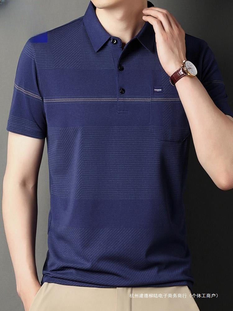 Stripe Belt Lapel Short Sleeve Polo Shirt - Fastbizstore