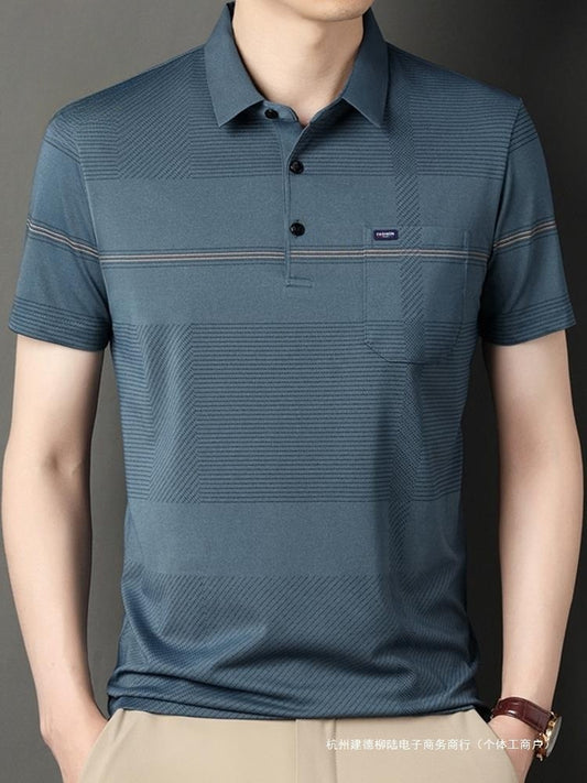 Stripe Belt Lapel Short Sleeve Polo Shirt - Fastbizstore