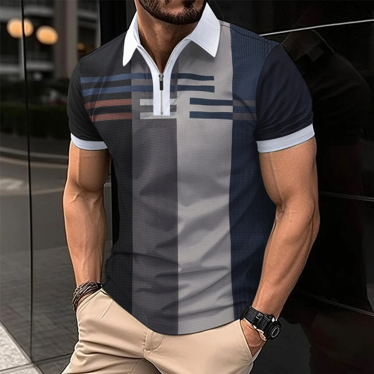 Men's Retro Fashion Plaid  Zipper Lapel Short Sleeve - Fastbizstore