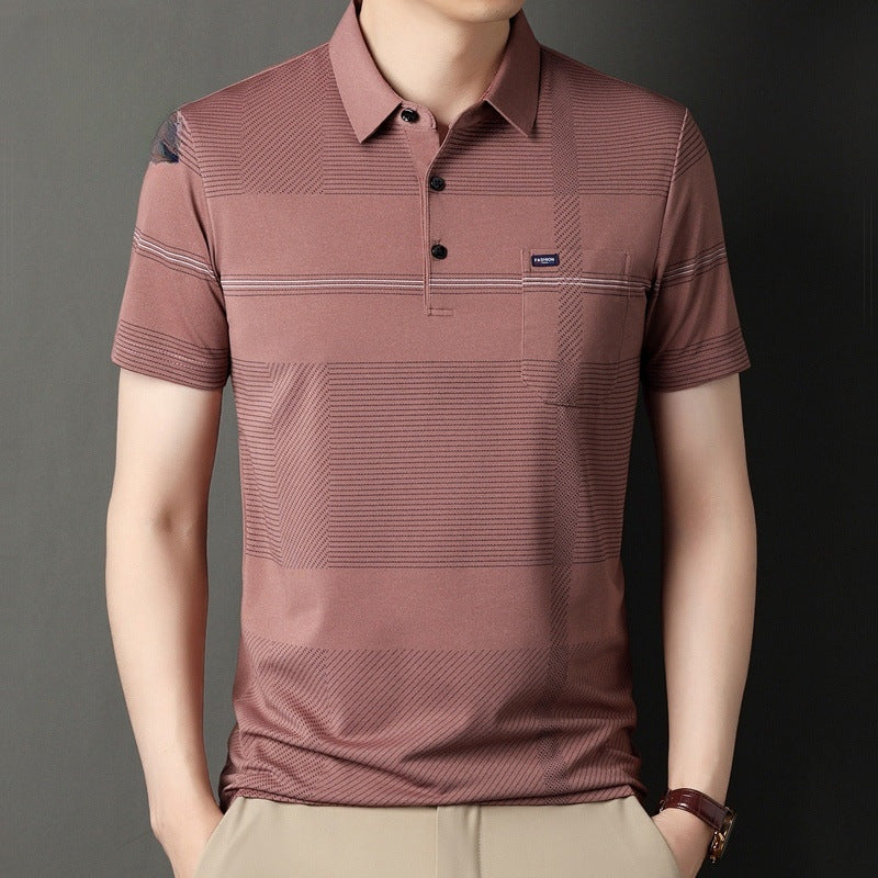 Stripe Belt Lapel Short Sleeve Polo Shirt - Fastbizstore