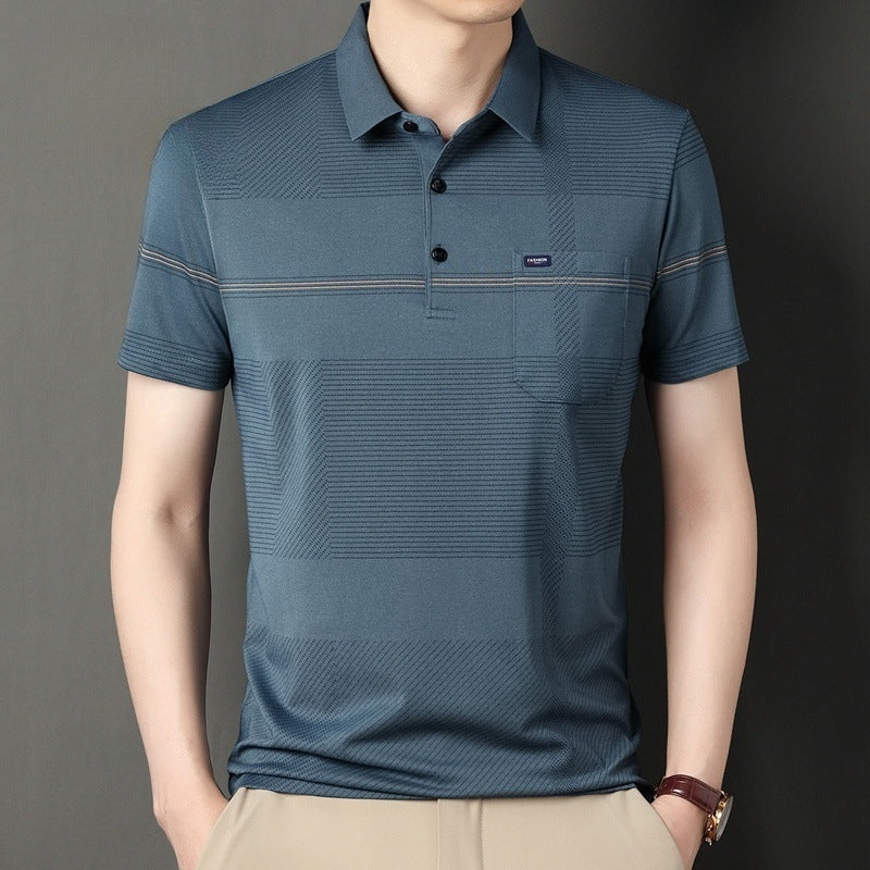 Stripe Belt Lapel Short Sleeve Polo Shirt - Fastbizstore