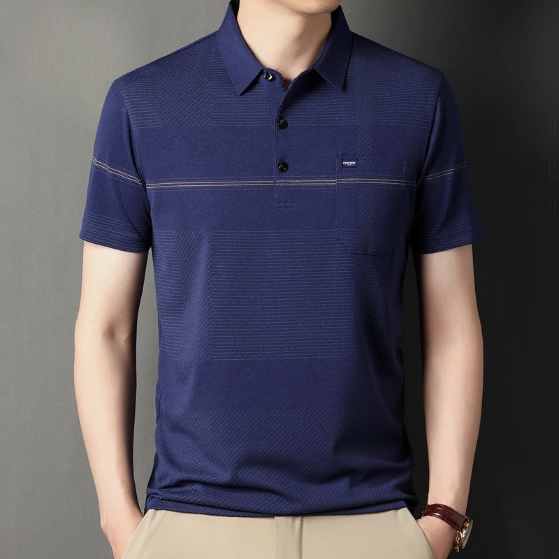 Stripe Belt Lapel Short Sleeve Polo Shirt - Fastbizstore